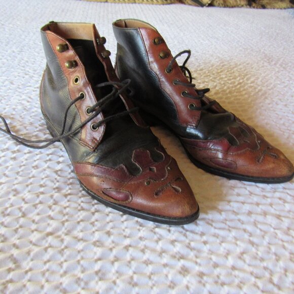 Valenti Leather Ankle Boots 7 Brown Black Piecework Lace Retro Designer Shoes - Picture 1 of 9